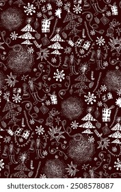 Funny new year seamless background with drawing of kids scribble on dark brown. Naive scrabble style doodle collection for selebration merry Christmas and happy new year. Vector illustration
