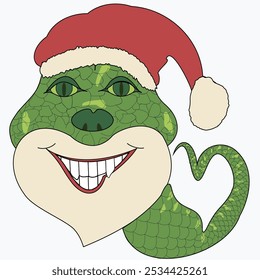 Funny New Year snake in Santa Claus costume. Vector New Year greetings. Holiday sticker.