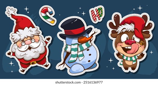 
Funny New Year stickers, Cheerful Santa, his assistant Deer and the symbol of winter snowman