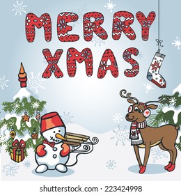 Funny New year Vector greeting card with   cartoon deer,snowman,bird,spruce,Christmas tree,decor.Knitted letters hanging on rope.Vector illustrations .Funny winter forest  design template.