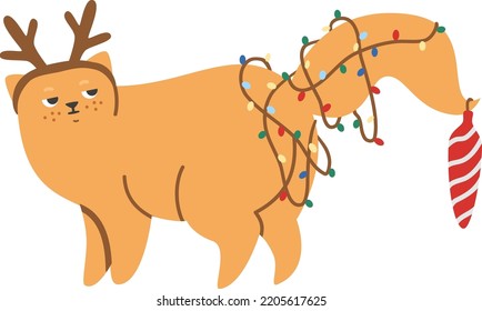 Funny New Year's Eve character. Cute ginger cat in reindeer antlers. The kitten is tangled in the garland. There's a New Year's Eve toy on it. 
