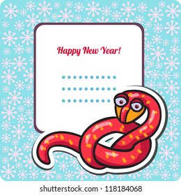 Funny New Year's Eve greeting card with snake. happy new year illustration. Year of snake. Cartoon vector illustration with frame for text. Cartoon sticker. 2013 Year of the snake. Christmas card.