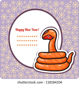 Funny New Year's Eve greeting card with snake. happy new year illustration. Year of snake. Cartoon vector illustration with frame for text. Cartoon sticker. 2013 Year of the snake. Christmas card.
