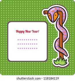 Funny New Year's Eve greeting card with snake. happy new year illustration. Year of snake. Cartoon vector illustration with frame for text. Cartoon sticker. 2013 Year of the snake. Christmas card.