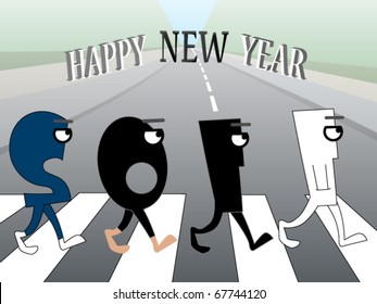 Funny New Year's greeting card where numbers are crossing the street