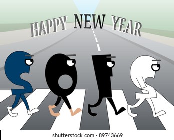 Funny New Year's greeting card where numbers are crossing the street