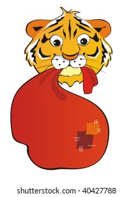 Funny New Year's tiger with a bag of gifts in teeth