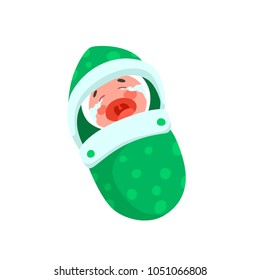 Funny Newborn Baby is Crying in a Green Blanket. Cartoon Style Vector Illustration