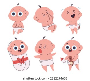 Funny newborn baby in diapers vector cartoon characters set isolated on a white background.