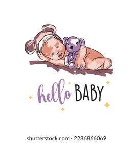 Funny newborn card with teddy bear, hello baby, hand lettering, baby in doodle style, pastel brush strokes