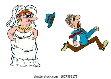 Funny newlyweds isolated on white background. Groom runs away from the bride. Running groom chased by bride. Scared groom running away from bride and marriage. Guy frightened of marriage. Stock vector