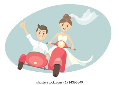 Recién casados en una moto con sidecar. Ilustración vectorial, tarjeta, novia y novio con prisa en un viaje