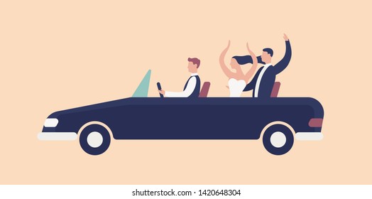Funny newlyweds riding in cabriolet car with driver and rejoicing. Cute romantic couple celebrating marriage. Happy bride and groom in wedding automobile. Flat cartoon colorful vector illustration.