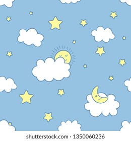 Funny night sky vector seamless pattern. Emotional clouds, sun, moon, stars and rainbow in kawaii style with smiling face. Cute hand drawn background for kids