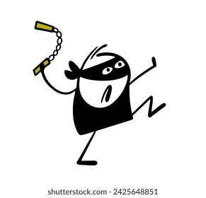 Divertido ninja en ropa negra y una máscara marca nunchucks.The guerrero stickman japonés ataca al enemigo con un arma. Personaje de dibujos animados en estilo dibujado a mano aislado sobre fondo blanco.