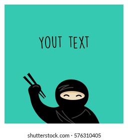 Funny ninja with chopsticks against a bright background with space for text.