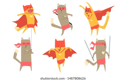 Funny Ninja Dog and Cat Characters Set, Cute Superhero Animals Vector Illustration