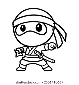 funny ninja hold shuriken cartoon isolated drawing line art style sketch classic vintage design illustration