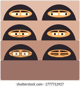 Funny ninja icons in training class at school, college, university. Children are all masked at their desks. Learn martial arts. White background flat vector stylish illustration stock.