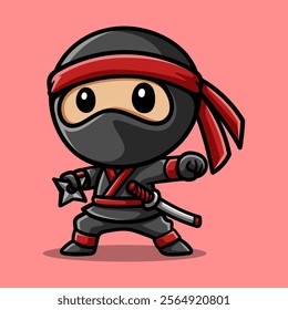 funny ninja with shuriken cartoon isolated colored drawing line art style sketch classic vintage design illustration