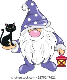 Funny Nordic Gnome mit einer süßen schwarzen Katze. Vektorgrafik