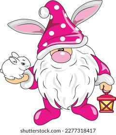 Funny Nordic gnome with a cute rabbit. Vector