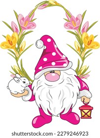 Funny Nordic gnome with a cute rabbit in floral frame. Vector