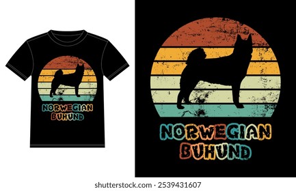 Funny Norwegian buhund Retro Antiguas Sunset Plantilla de diseño de camiseta, Tablero noruego buhund, etiqueta engomada de la ventana del coche, POD, cubierta, fondo blanco aislado, regalo de silueta para el amante noruego buhund