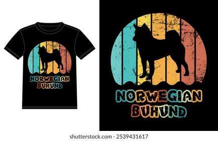 Engraçado buhund norueguês Retro Vintage Sunset T-shirt Design template, Norueguês buhund Board, Adesivo janela do carro, POD, capa, fundo branco isolado, presente de silhueta para norueguês buhund Lover