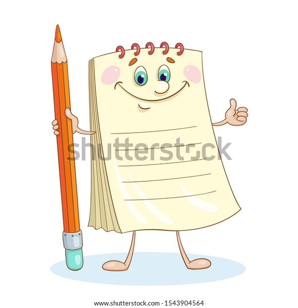 Funny notebook with a pencil in his hands.\
In cartoon style. Isolated on white background. For new year\
promises. Vector\
illustration.