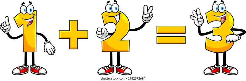 Funny Number 1 Plus Number 2 Equals Number 3 Cartoon Character. Vector Hand Drawn Illustration Isolated On Transparent Background