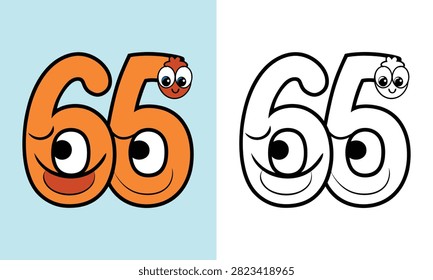 Funny Number 65 Preschool Coloring Worksheet Vector Illustration on White Background