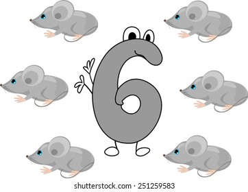 Funny number six and six gray mice