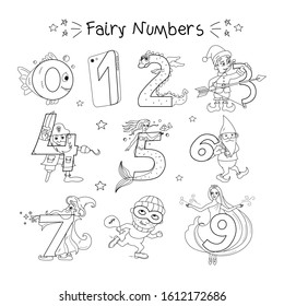 Funny numbers from 0 to 9 in the images of fairy-tale characters. Each figure has its own character and image. Learn numbers for the youngest children. Numeration from 0 to 9.