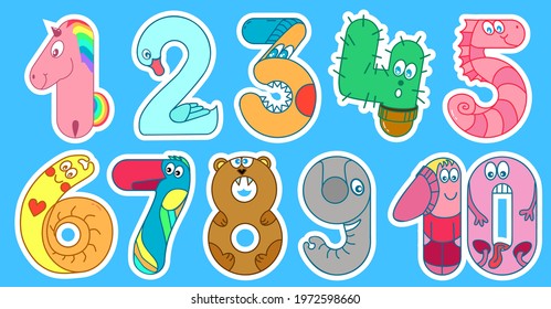 Funny numbers for kids from one to ten sticker set. 1, 2, 3, 4, 5, 6, 7, 8, 9, 10 numeral are unicorn, swan, head, cactus, seahorse, snail, parrot, bear, elephant, kids. Sketch vector illustration svg