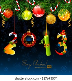 funny numbers of new year hanging from the fir tree