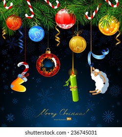 funny numbers of new year hanging from the fir tree 