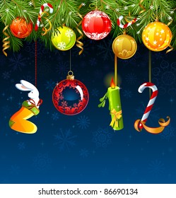 funny numbers of new year hanging from the fir tree