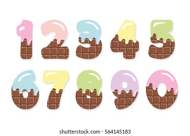 Funny numbers set for birthday design. Milk chocolate with melted colored cream.