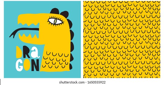 Funny Nursery Art with Yellow Dragon Isolated on a Blue Background. Yellow Geometric Seamless Vector Pattern with Black Arches. Cute Illustartion with Dinosaur ideal for Card, Wall Art, Invitation.
