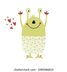 Funny nursery poster with cute monster. Color kids vector illustration in scandinavian style.