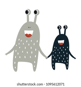 Funny nursery poster with cute monsters. Color kids vector illustration in scandinavian style.