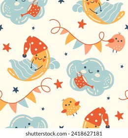 Funny nursery seamless pattern. Hand drawn vector. Cute cloud, little birds and sleepy moon. Cozy Scandinavian style. Retro doodle baby shower or kids party decor. All over bedroom or playroom design.