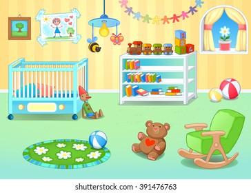 Funny nursery with toys. Vector cartoon illustration