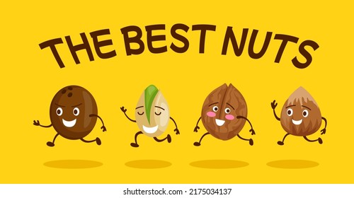 Funny nut characters. Animation snacks. Children comic caricatures with nutshell and seeds. Coconut or pistachio. Cartoon walnut and hazelnut. Happy faces. Vector illustration poster