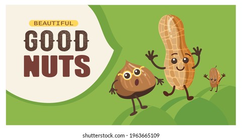 Funny Nüsse Zeichen Plakatvorlage. Cartoon, Vektorgrafik. Schöne gute Nüsse Vorlage in flachem bunter Design. Gesundheit, Ernährung, Fantasie, Konzept für Bannerdesign, Landing Page
