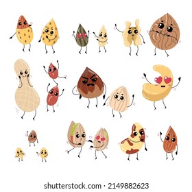 Funny nuts with cute faces cartoon illustration set. Walnut in shell, pistachio, almond, peanut characters with hearts in eyes kissing in air. Vegan or vegetarian food, seed, love, emotion concept