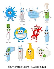 Funny Objects Set relation with coronavirus RNA Covid-19, modern flat vector illustration
