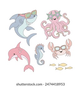 Funny ocean animal vector clip-art set isolated on white. Shark Octopus Dolphin Crab Sea horse Small fish. Groovy underwater illustration.