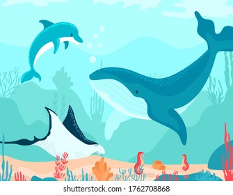 Funny, oceanic landscape in cartoon style, underwater world, sea coral reef, design, flat vector illustration, isolated on white. Whale, dolphin, stingray floating, marine fish, plants at bottom.